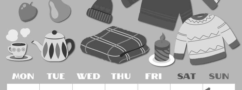 2026年11月縦型モノクロの月曜始まり セーターがかわいいイラストA4無料白黒カレンダー(2026-00401111)