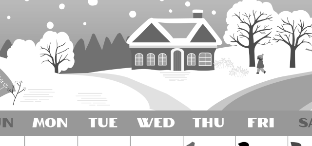 2026年1月縦型モノクロの日曜始まり 北欧チックなイラストのかわいいA4無料白黒カレンダー(2026-00400110)