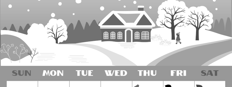 2026年1月縦型モノクロの日曜始まり 北欧チックなイラストのかわいいA4無料白黒カレンダー(2026-00400110)