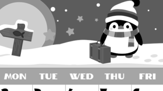 2026年2月縦型モノクロの日曜始まり ペンギンのイラストがかわいいA4無料白黒カレンダー(2026-00400210)