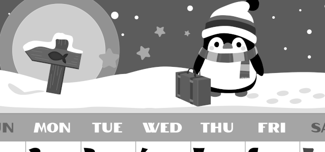 2026年2月縦型モノクロの日曜始まり ペンギンのイラストがかわいいA4無料白黒カレンダー(2026-00400210)