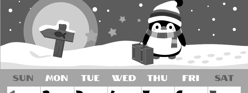 2026年2月縦型モノクロの日曜始まり ペンギンのイラストがかわいいA4無料白黒カレンダー(2026-00400210)