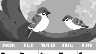 2026年3月縦型モノクロの日曜始まり 桜と雀のイラストのかわいいA4無料白黒カレンダー(2026-00400310)