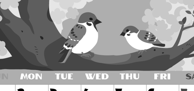 2026年3月縦型モノクロの日曜始まり 桜と雀のイラストのかわいいA4無料白黒カレンダー(2026-00400310)