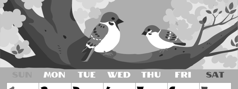 2026年3月縦型モノクロの日曜始まり 桜と雀のイラストのかわいいA4無料白黒カレンダー(2026-00400310)