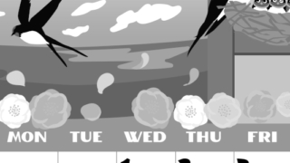 2026年4月縦型モノクロの日曜始まり ツバメのイラストがかわいいA4無料白黒カレンダー(2026-00400410)