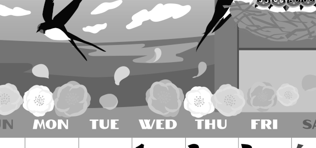 2026年4月縦型モノクロの日曜始まり ツバメのイラストがかわいいA4無料白黒カレンダー(2026-00400410)