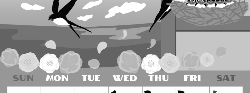 2026年4月縦型モノクロの日曜始まり ツバメのイラストがかわいいA4無料白黒カレンダー(2026-00400410)