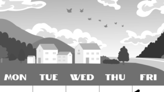 2026年5月縦型モノクロの日曜始まり 村のイラストのかわいいA4無料白黒カレンダー(2026-00400510)