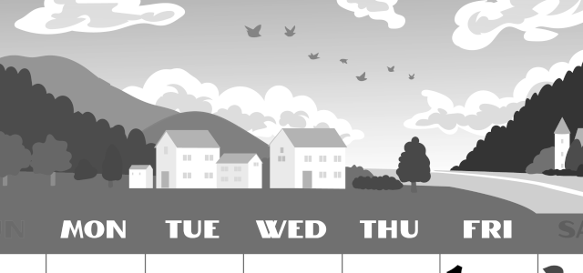 2026年5月縦型モノクロの日曜始まり 村のイラストのかわいいA4無料白黒カレンダー(2026-00400510)