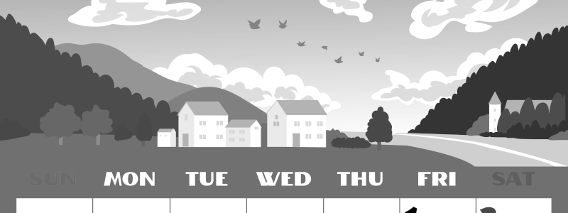 2026年5月縦型モノクロの日曜始まり 村のイラストのかわいいA4無料白黒カレンダー(2026-00400510)