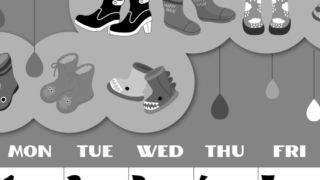 2026年6月縦型モノクロの日曜始まり 長靴イラストのかわいいA4無料白黒カレンダー(2026-00400610)