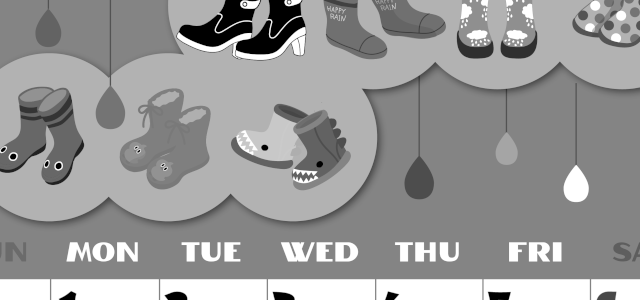 2026年6月縦型モノクロの日曜始まり 長靴イラストのかわいいA4無料白黒カレンダー(2026-00400610)