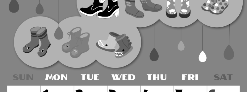 2026年6月縦型モノクロの日曜始まり 長靴イラストのかわいいA4無料白黒カレンダー(2026-00400610)