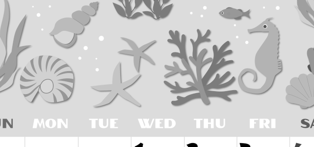 2026年7月縦型モノクロの日曜始まり 海の生き物イラストがかわいいA4無料白黒カレンダー(2026-00400710)