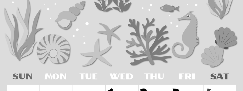 2026年7月縦型モノクロの日曜始まり 海の生き物イラストがかわいいA4無料白黒カレンダー(2026-00400710)