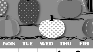 2026年10月縦型モノクロの日曜始まり パンプキンがかわいいイラストA4無料白黒カレンダー(2026-00401010)