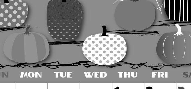 2026年10月縦型モノクロの日曜始まり パンプキンがかわいいイラストA4無料白黒カレンダー(2026-00401010)