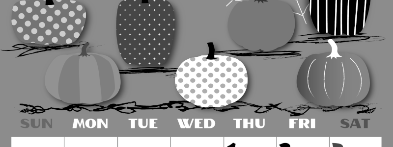 2026年10月縦型モノクロの日曜始まり パンプキンがかわいいイラストA4無料白黒カレンダー(2026-00401010)