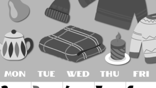 2026年11月縦型モノクロの日曜始まり セーターがかわいいイラストA4無料白黒カレンダー(2026-00401110)