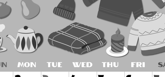 2026年11月縦型モノクロの日曜始まり セーターがかわいいイラストA4無料白黒カレンダー(2026-00401110)