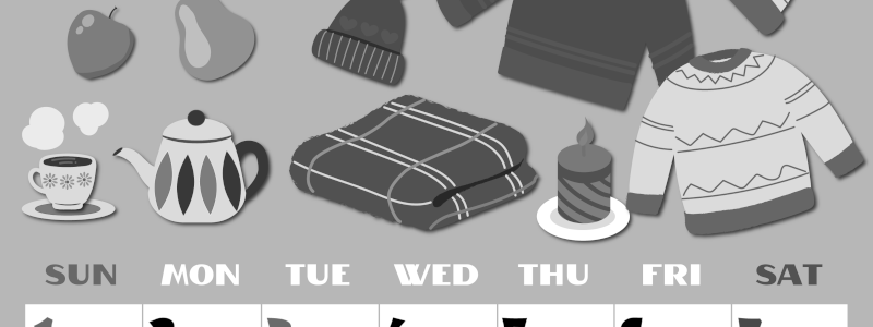 2026年11月縦型モノクロの日曜始まり セーターがかわいいイラストA4無料白黒カレンダー(2026-00401110)