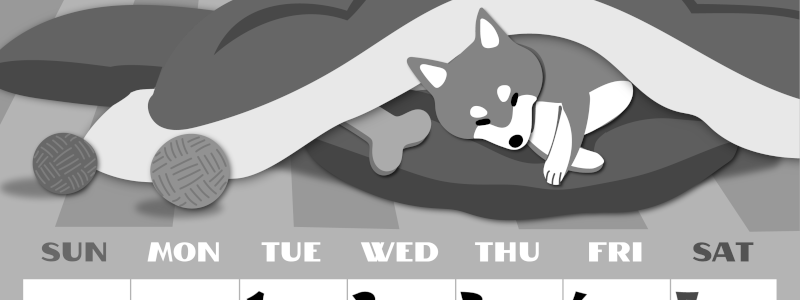 2026年12月縦型モノクロの日曜始まり 柴犬イラストのかわいいA4無料白黒カレンダー(2026-00401210)