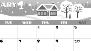 2026年1月横型モノクロの月曜始まり 北欧風なイラストのかわいいA4無料白黒カレンダー(2026-00400101)