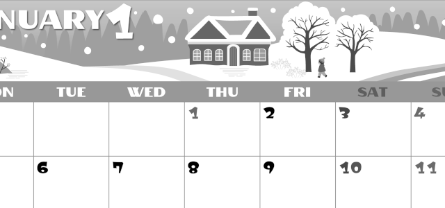 2026年1月横型モノクロの月曜始まり 北欧風なイラストのかわいいA4無料白黒カレンダー(2026-00400101)