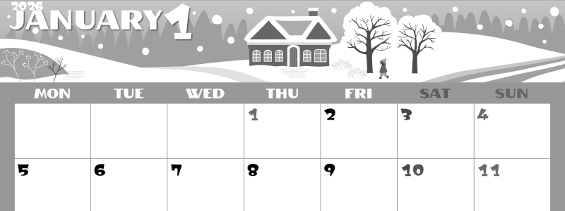 2026年1月横型モノクロの月曜始まり 北欧風なイラストのかわいいA4無料白黒カレンダー(2026-00400101)