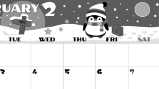 2026年2月横型モノクロの月曜始まり ペンギンのイラストがかわいいA4無料白黒カレンダー(2026-00400201)