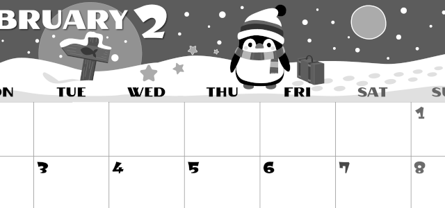 2026年2月横型モノクロの月曜始まり ペンギンのイラストがかわいいA4無料白黒カレンダー(2026-00400201)