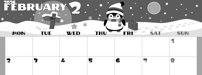 2026年2月横型モノクロの月曜始まり ペンギンのイラストがかわいいA4無料白黒カレンダー(2026-00400201)