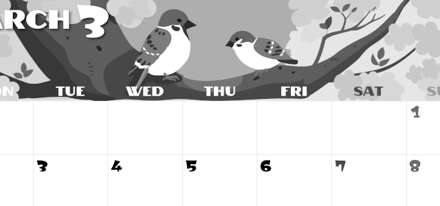 2026年3月横型モノクロの月曜始まり 桜と雀のイラストのかわいいA4無料白黒カレンダー(2026-00400301)