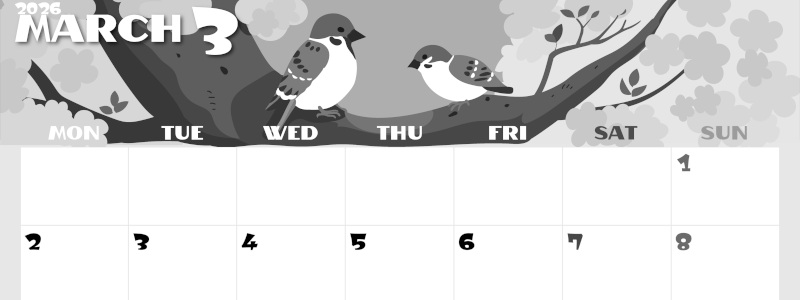 2026年3月横型モノクロの月曜始まり 桜と雀のイラストのかわいいA4無料白黒カレンダー(2026-00400301)
