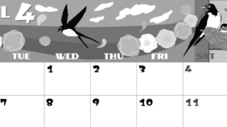 2026年4月横型モノクロの月曜始まり ツバメのイラストがかわいいA4無料白黒カレンダー(2026-00400401)