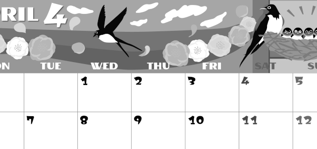 2026年4月横型モノクロの月曜始まり ツバメのイラストがかわいいA4無料白黒カレンダー(2026-00400401)