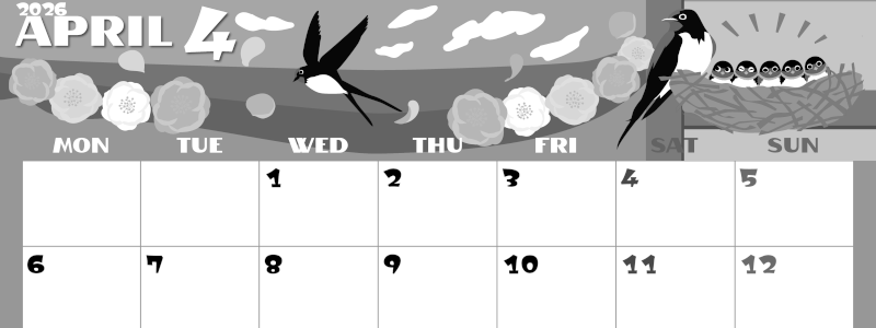 2026年4月横型モノクロの月曜始まり ツバメのイラストがかわいいA4無料白黒カレンダー(2026-00400401)
