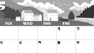 2026年5月横型モノクロの月曜始まり 村のイラストのかわいいA4無料白黒カレンダー(2026-00400501)