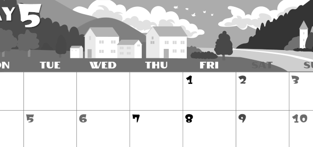 2026年5月横型モノクロの月曜始まり 村のイラストのかわいいA4無料白黒カレンダー(2026-00400501)