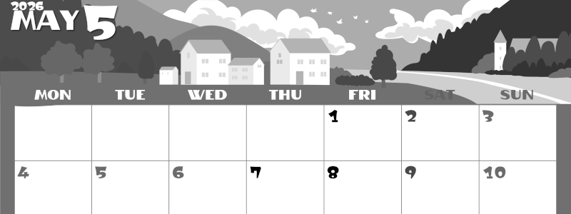 2026年5月横型モノクロの月曜始まり 村のイラストのかわいいA4無料白黒カレンダー(2026-00400501)