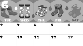 2026年6月横型モノクロの月曜始まり 長靴イラストのかわいいA4無料白黒カレンダー(2026-00400601)