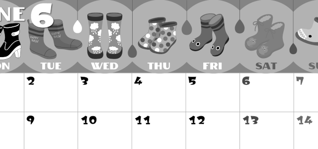2026年6月横型モノクロの月曜始まり 長靴イラストのかわいいA4無料白黒カレンダー(2026-00400601)