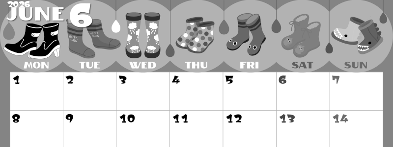 2026年6月横型モノクロの月曜始まり 長靴イラストのかわいいA4無料白黒カレンダー(2026-00400601)