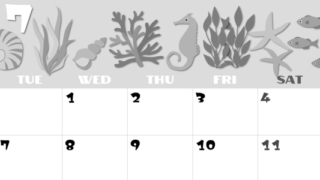 2026年7月横型モノクロの月曜始まり 海の生き物イラストがかわいいA4無料白黒カレンダー(2026-00400701)