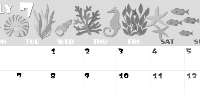 2026年7月横型モノクロの月曜始まり 海の生き物イラストがかわいいA4無料白黒カレンダー(2026-00400701)