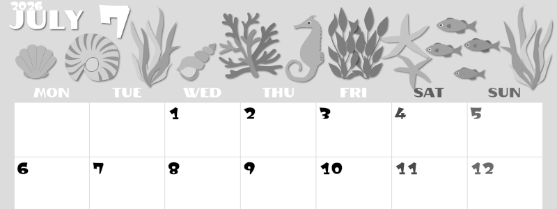 2026年7月横型モノクロの月曜始まり 海の生き物イラストがかわいいA4無料白黒カレンダー(2026-00400701)