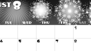 2026年8月横型モノクロの月曜始まり 風物詩イラストのかわいいA4無料白黒カレンダー(2026-00400801)