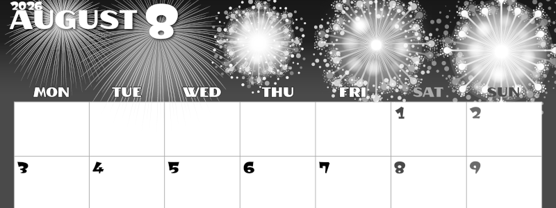 2026年8月横型モノクロの月曜始まり 風物詩イラストのかわいいA4無料白黒カレンダー(2026-00400801)