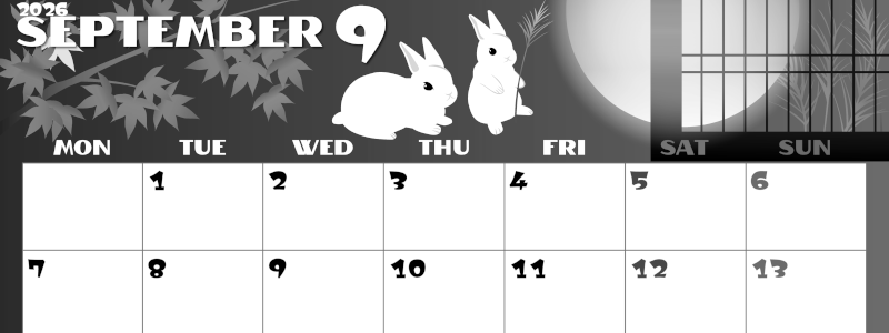 2026年9月横型モノクロの月曜始まり うさぎイラストのかわいいA4無料白黒カレンダー(2026-00400901)